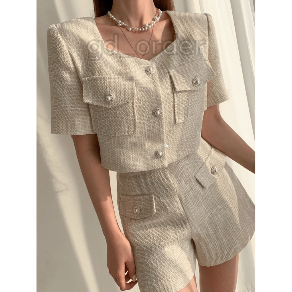 B69|Set bộ công sở sang trọng thanh lịch hàn quốc áo croptop cổ tròn kèm chân váy ngắn gd_order