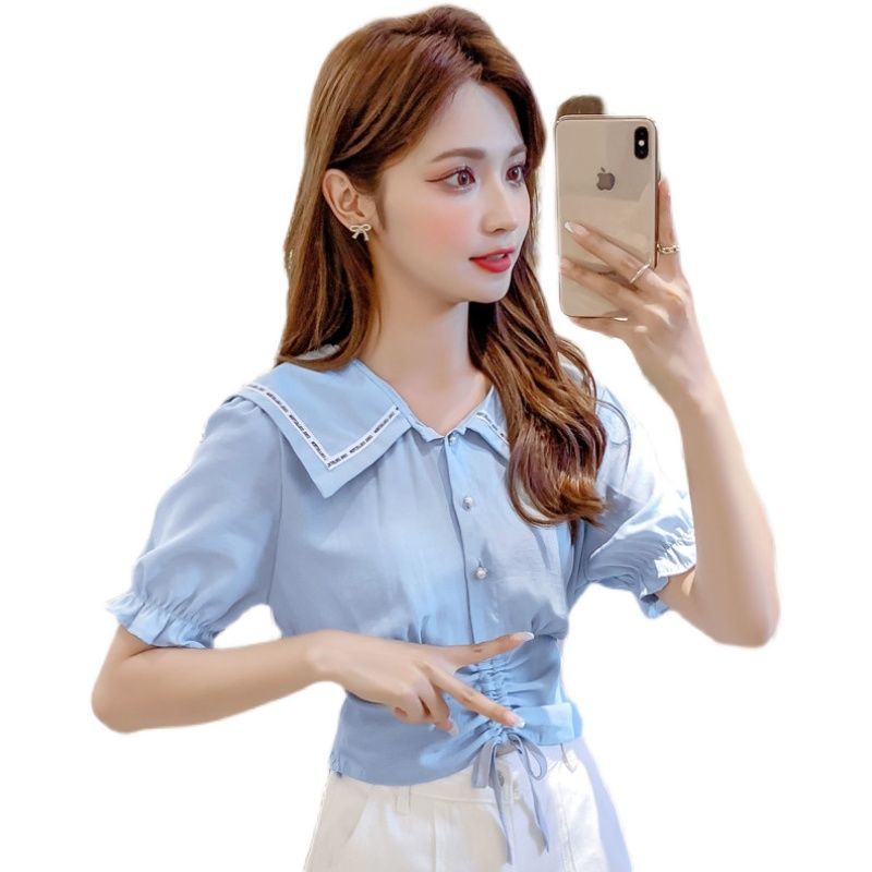 Áo Sơ Mi Tay Ngắn Thời Trang Cá Tính 154785 Áo Cardigan Cổ Búp Bê Dáng Ôm Ngắn Phối Dây Rút Thiết Kế Đơn Giản Cá Tính