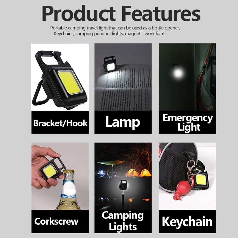 Móc chìa khoá đèn pin LED COB mini tích hợp mở bia, chống nước, dùng pin sạc, có nam châm đính kèm Móc Khóa Đèn LED COB Mini Sạc USB Tiện Dụng