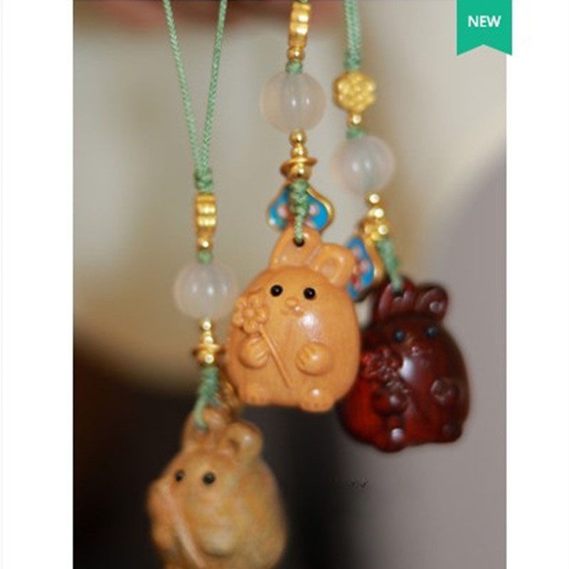 [Hàng Mới Về] Móc Khóa Điện Thoại Mặt Gỗ Đàn Hương Xanh Khắc Hình Thỏ Dễ Thương
