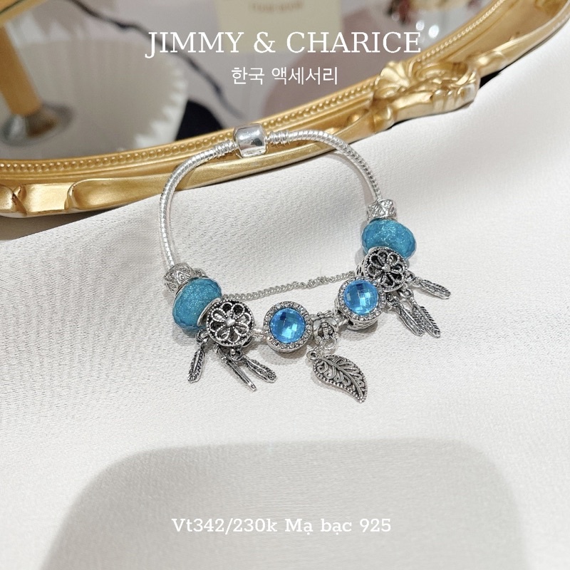 Vòng tay charm Jimmy & Charice màu xanh biển may mắn chất liệu titan mạ bạc không han rỉ bay màu tiếp xúc nước thoải mái