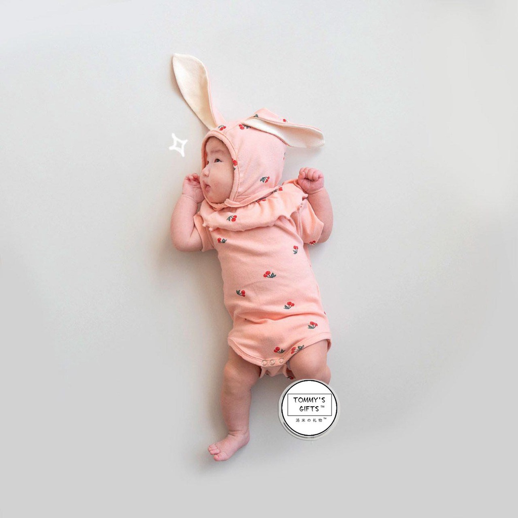 Bộ Áo Liền Quần Tay Ngắn In Hình Thỏ + 1 Nón Cho Bé Gái Sơ Sinh