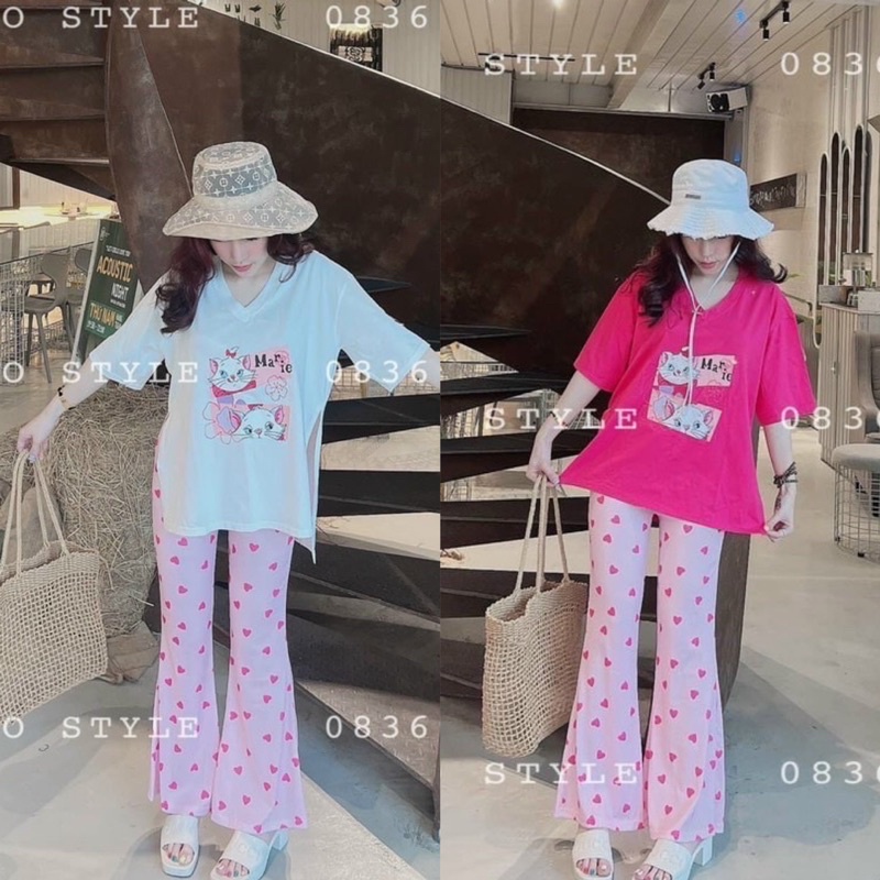 Set Bộ Áo Phông Xẻ Tà Hoạt Hình Mèo Quần Dài Loe Tim Gân Siuuu Cưng