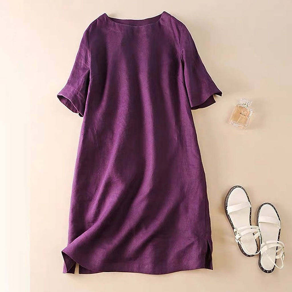 (TỔNG KHO LÂM ANH CHUYÊN SỈ) Đầm suông linen cổ tròn tay lỡ xẻ tà gấu