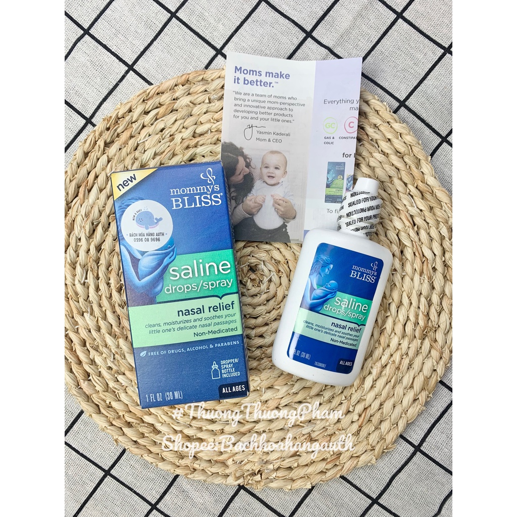 [ Hàng Mỹ ] Dung dịch nhỏ / xịt mũi rửa sạch, dưỡng ẩm mũi Mommy Bliss Saline Drops/Spray