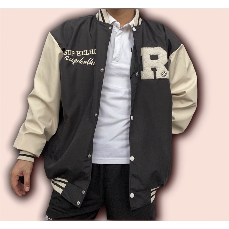 Khoác Bomber R thêu 2 màu đen và kem form rộng Unisex nam nữ