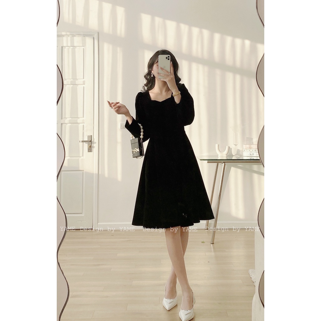 Váy nhung dài tay dáng chữ A cổ vuông tiểu thư siêu sang màu đen YAME
