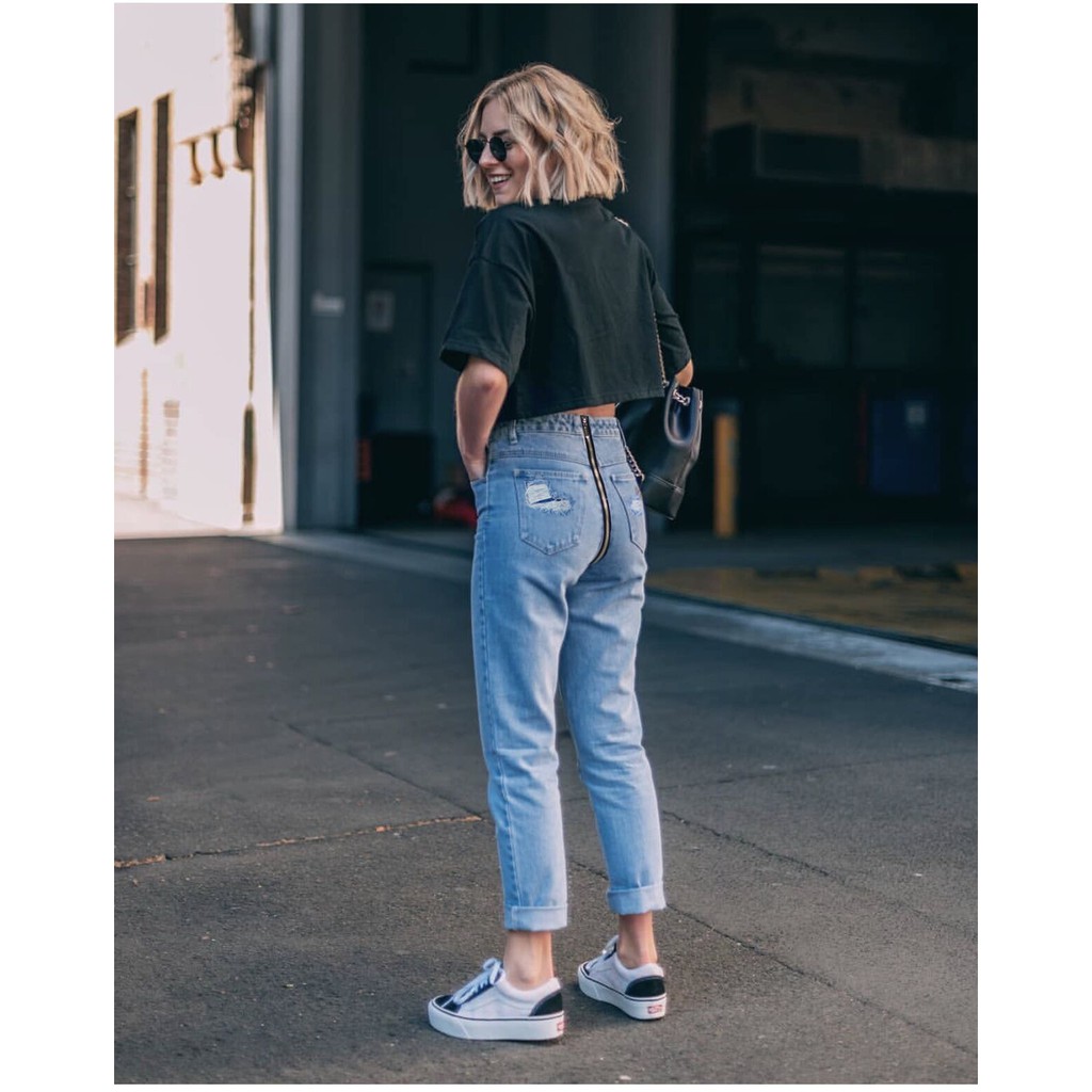 Personality Back Zipper Jeans For Women Plus Size High Waist Slim Jeans With Rips In Th Butt Pencil Denim Pants