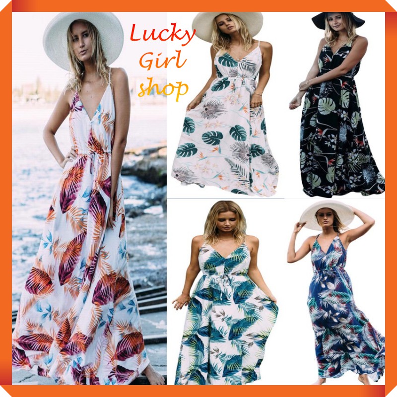 Đầm 2 Dây Maxi Hoa Dài Rút Eo Vải Lanh Lụa - Hàng Nhập Quảng Châu - Lucky Girl shop