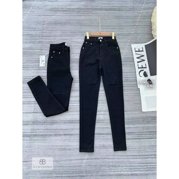 Quần jean đen dài cắt xé hai gối đáy cao TT1006