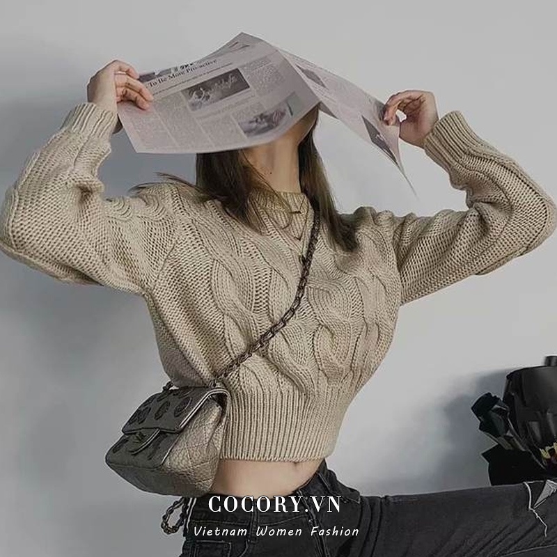 Cocory vn Áo croptop nữ dệt kim tay dài cổ tròn 3 màu tùy chọn kiểu dáng thời trang
