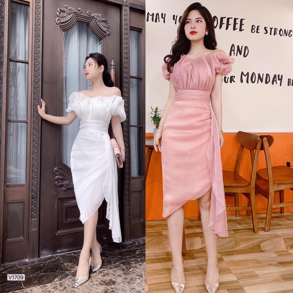 Váy dự tiệc trễ vai nhún thân 1709 trắng và 1663 hồng - DVC - Maidieuhuyen (ảnh thật mẫu cao 1m6) | BigBuy360 - bigbuy360.vn