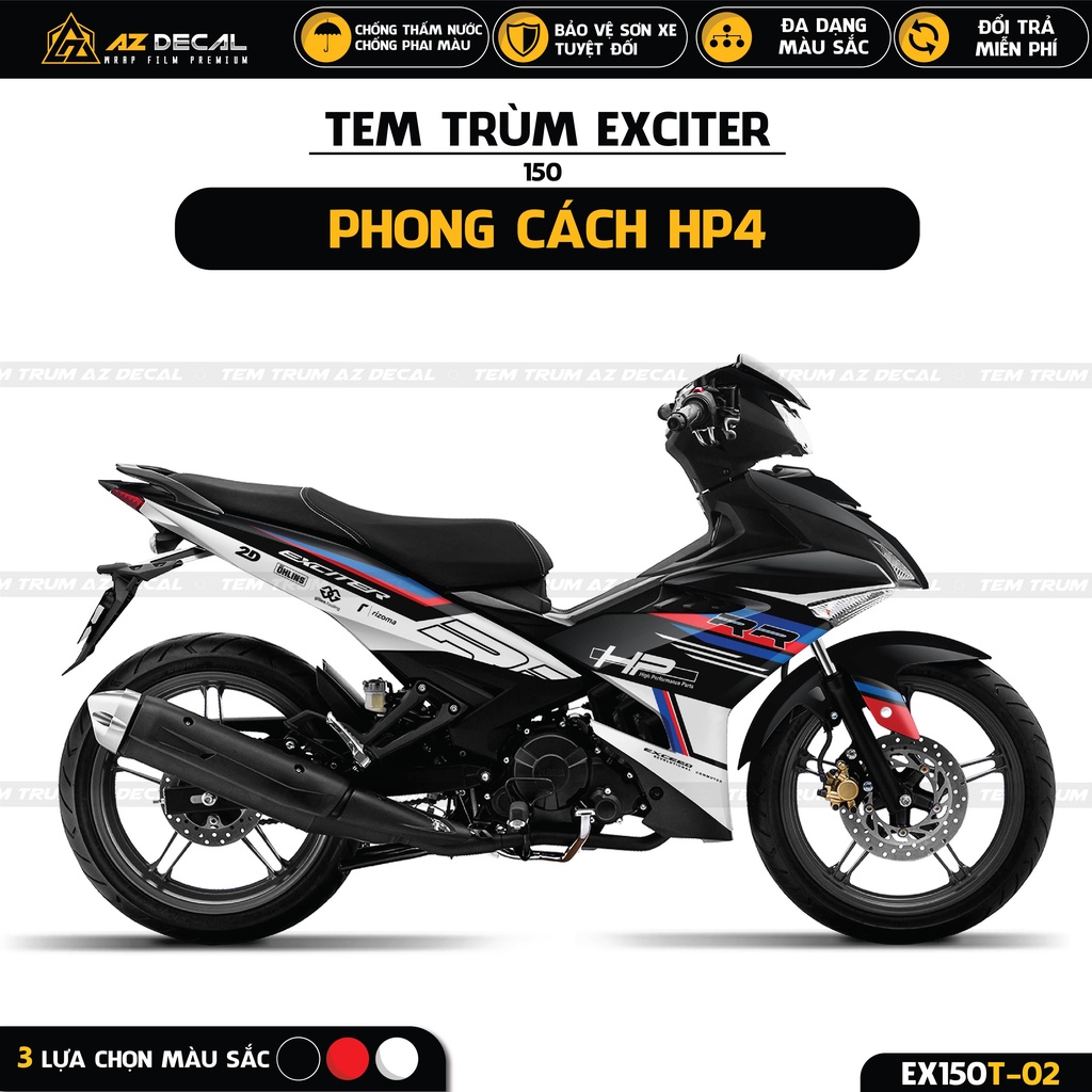 Tem Trùm Exciter 150 Phong Cách HP4 Cao Cấp | EX150T-02 | Decal Chế Dán Ex 150 Màu Đen, Đỏ, Trắng Đẹp