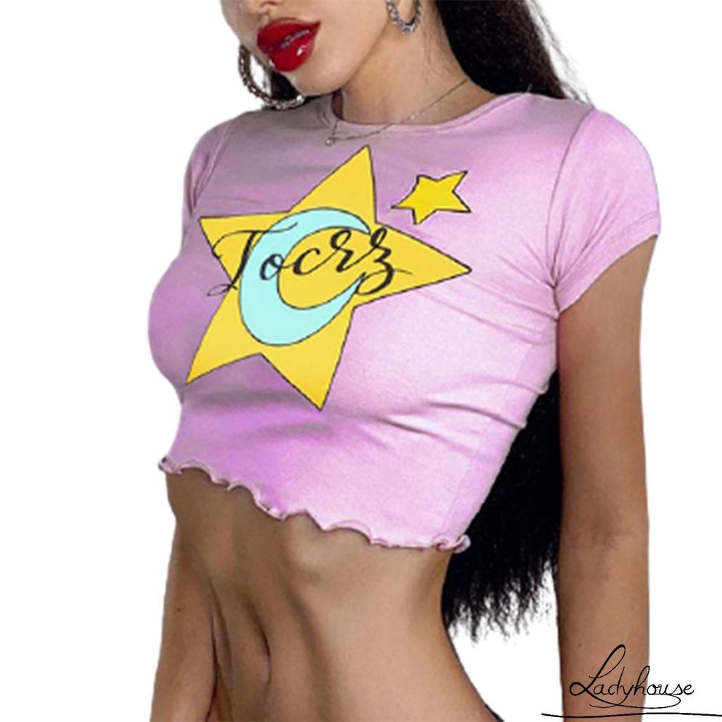 Áo Croptop Tay Ngắn In Họa Tiết Mặt Trăng Ngôi Sao Thời Trang Mùa Hè Cho Nữ