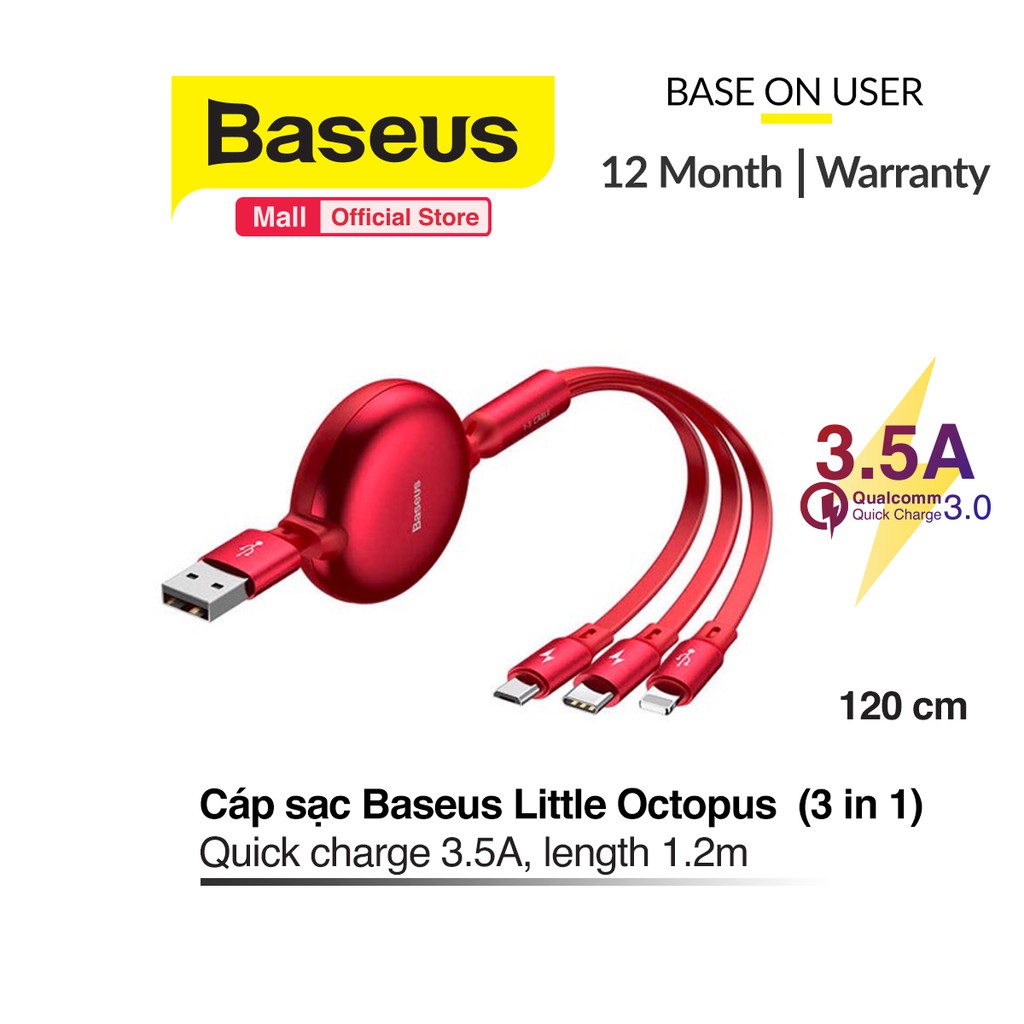 Cáp sạc dây rút Baseus Little Octopus LV391 tích hợp 3 đầu Type C / Micro USB/ Lightning 3.5A 1.2M