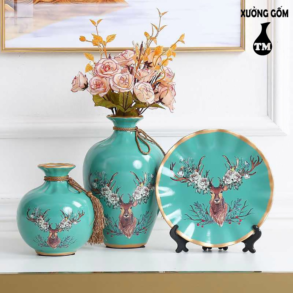 Set 3 Bình Hoa Xưởng Gốm TM Bát Tràng Họa Tiết Gốm Sứ Decor Cao Cấp (Giao mẫu ngẫu nhiên)