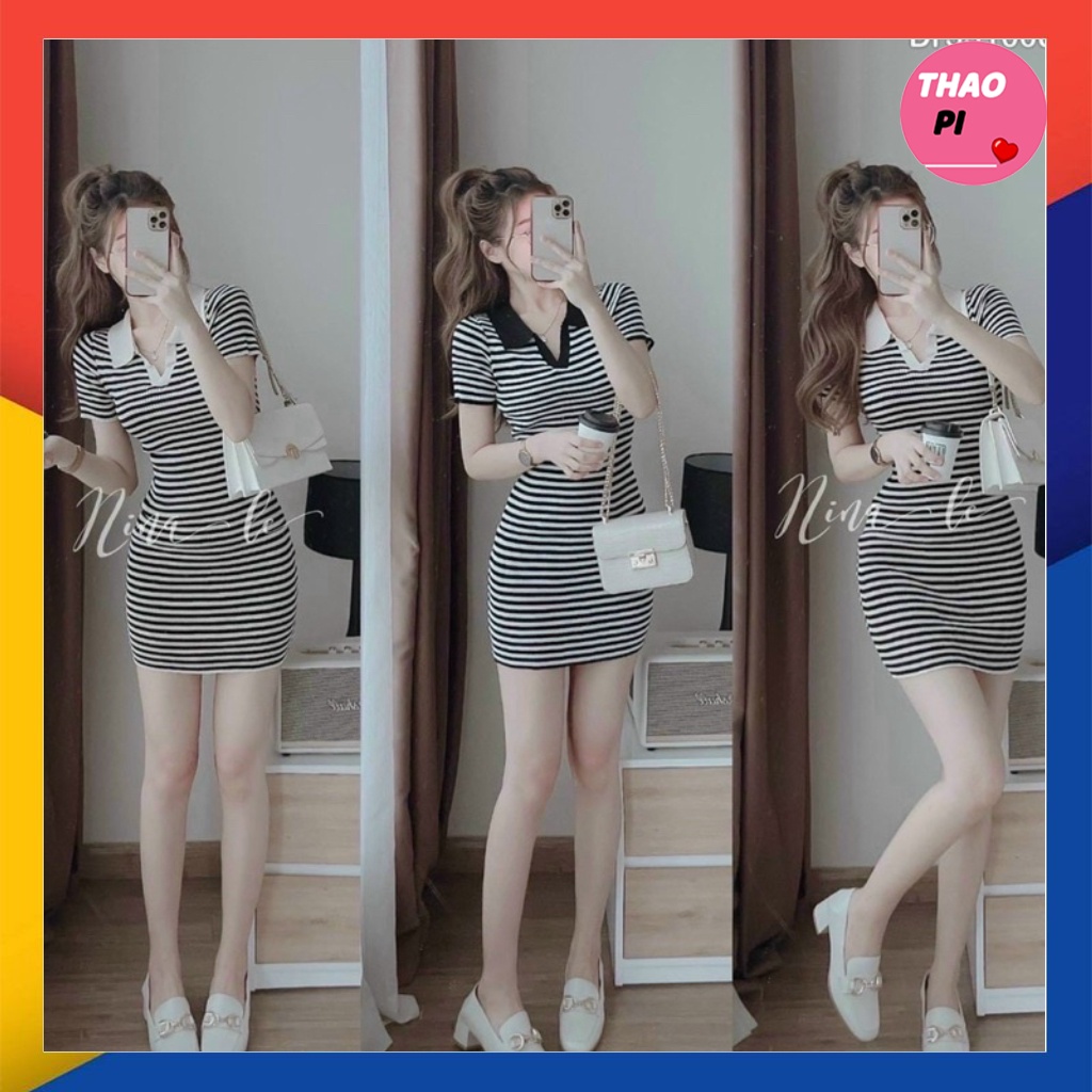 Váy body sọc cổ sơ mi tôn dáng sang chảnh dự tiệc dạo phố