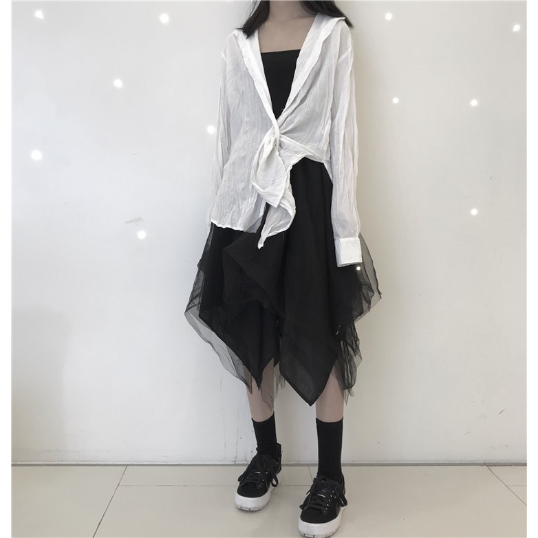 Set đầm dài đen cao cấp 2 dây váy xòe đuôi cá + áo khoác ngoài màu trắng ulzzang