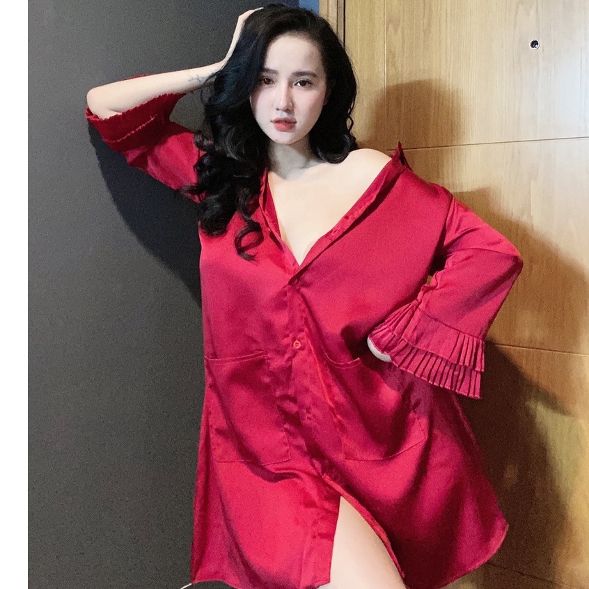 Đồ ngủ sexy / Đầm sơmi siêu gợi cảm - tay có phối dập ly, chất liệu SATIN cao cấp loại 1 mềm mịn mát, freesize dưới 65kg | BigBuy360 - bigbuy360.vn