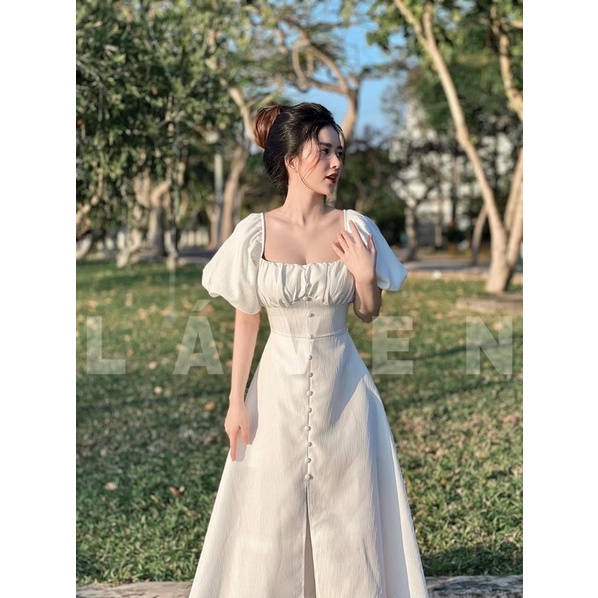 ĐẦM MIDI XƯỢC VẢI NÚT BỌC TAY PHỒNG XẺ TÀ TRƯỚC MS61