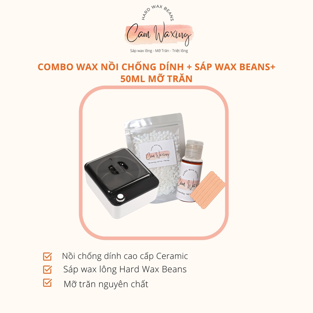 Combo 300gr Sáp Wax Nóng Hard Beans Nhập, 50ml Mỡ Trăn và Nồi Nấu Sáp Chống Dính Tặng Que Wax