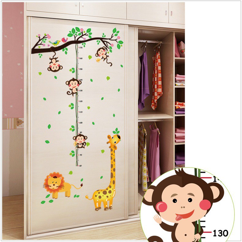 Decal dán tường Thước đo khỉ con đu dây