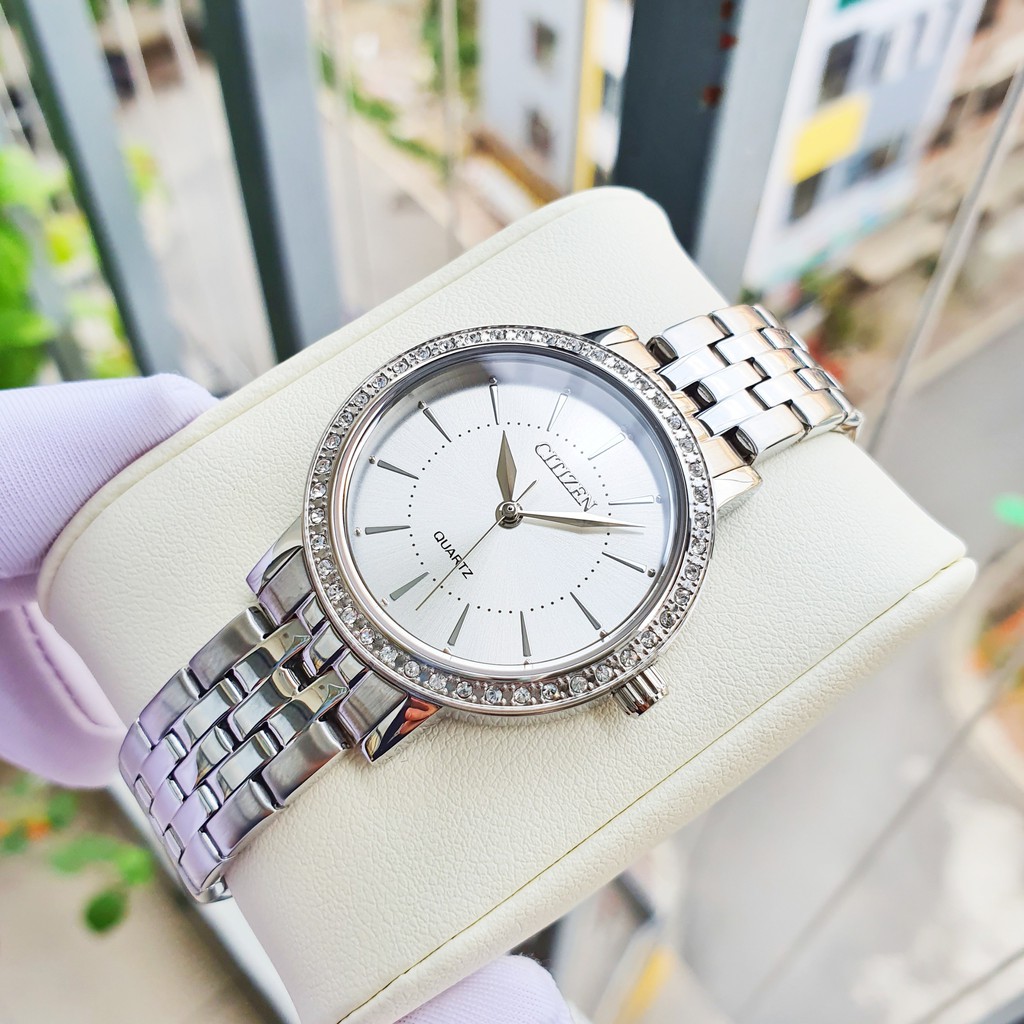 Đồng hồ Nữ chính hãng Citizen EL3040-80A Mặt trắng,Pha lê-Máy Pin Quartz-Dây kim loại thép không gỉ cao cấp-Size 31mm
