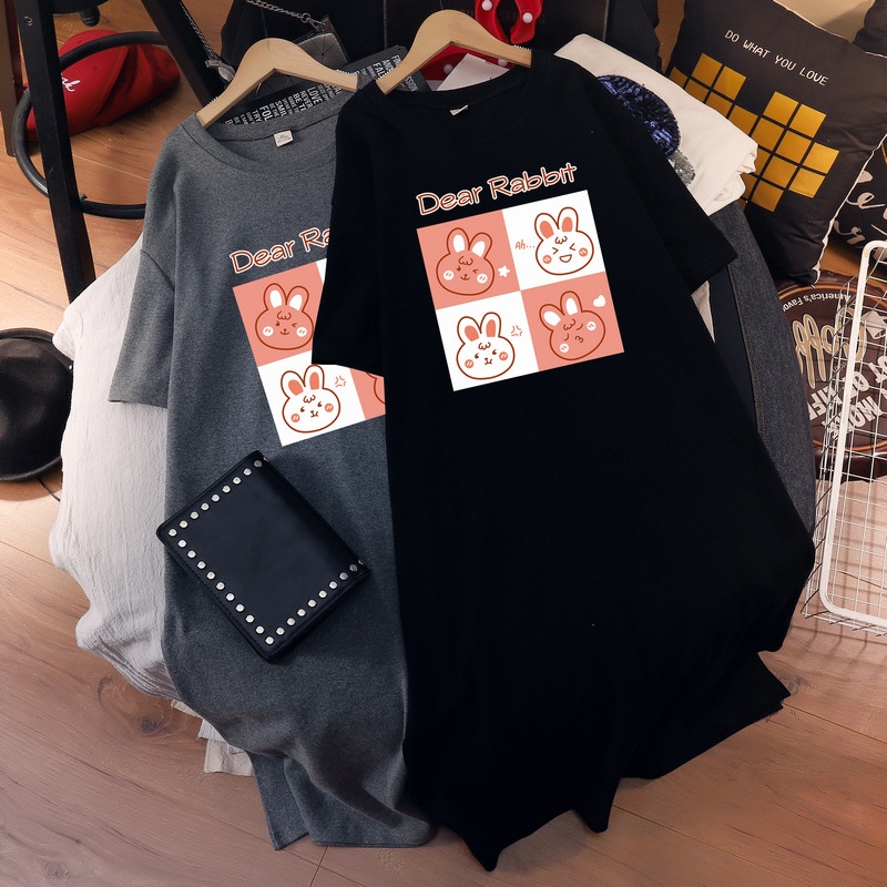 Đầm Suông Thun Tay Ngắn Dáng Rộng In Hình Chú Thỏ Đa Biểu Cảm Dễ Thương  Chất Cotton Mềm Mát Tới 75kg Trẻ Trung TTDS0485