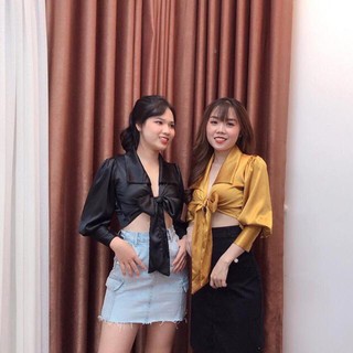 Áo phi lụa cổ sơ mi phối buộc nơ eo xinh xinh