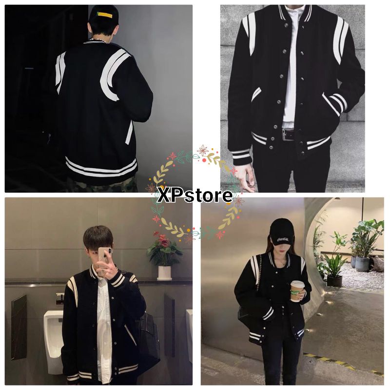XPstore Áo khoác bomber jacket Đen viền Trắng form unisex (Ảnh thật)
