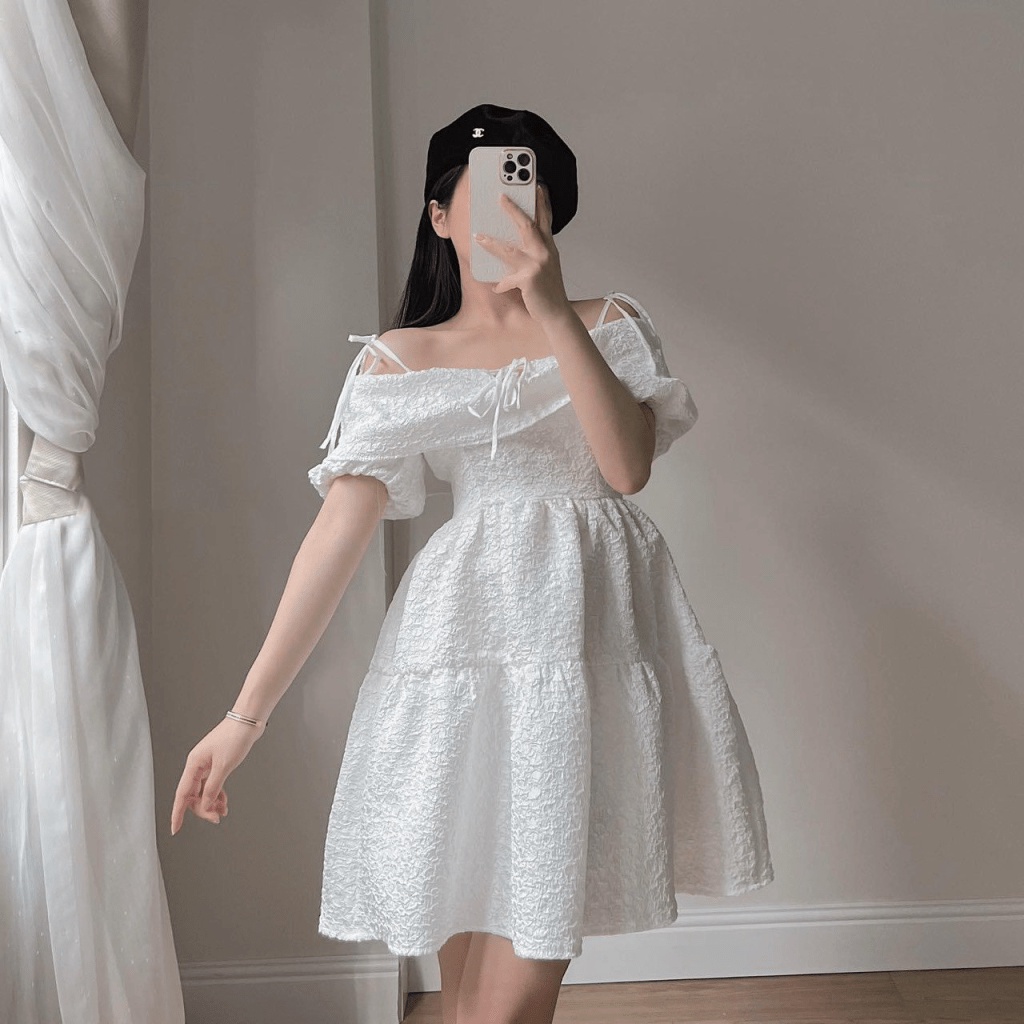 MẪU HOT ĐẦM XÒE NỮ BẸT VAI HÀNG THIẾT KẾ KIỂU CÔNG CHÚA CỰC HOT PU