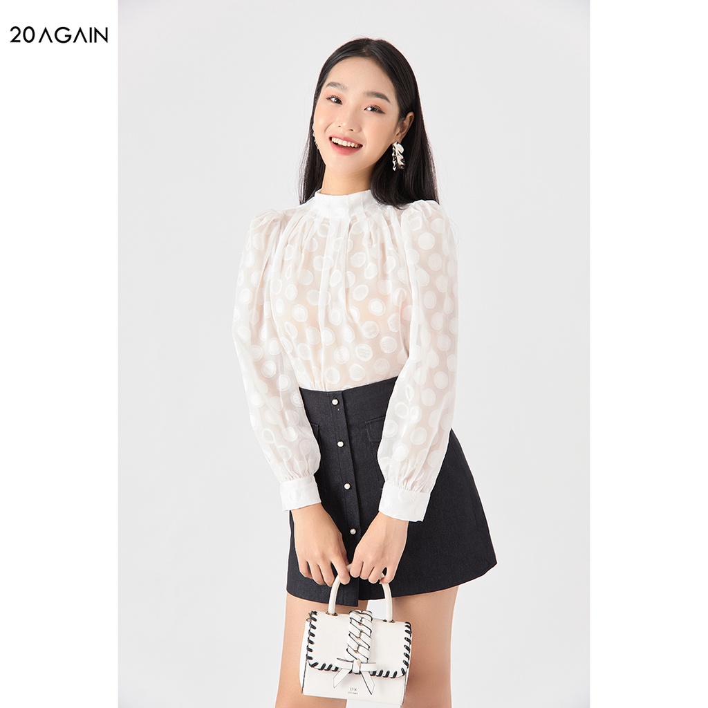 Áo sơ mi nữ dài tay 20AGAIN thiết kế tay bồng tiểu thư,chất liệu voan ASA1786