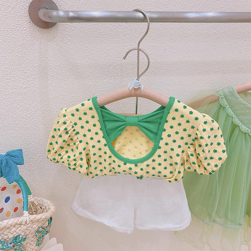 Áo Thun Tay Phồng Ngắn Thắt Nơ Lưng Màu Vàng Tương Phản Phong Cách Hàn Quốc Dành Cho Bé Gái