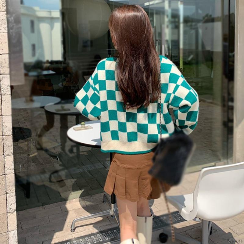 Áo khoác cardigan dệt kim phối nút cài cổ chữ V họa tiết kẻ ô thiết kế dáng rộng thời trang dành cho nữ