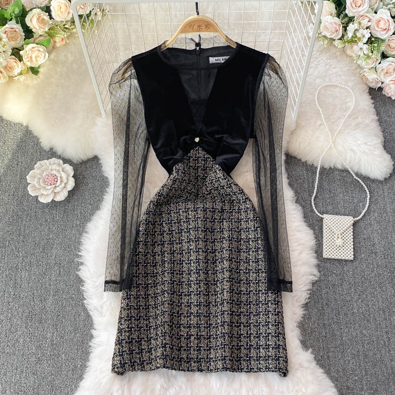 Đầm tay dài dáng ôm đủ size tôn dáng, dáng váy chữ A thời trang cao cấp cổ tròn khâu ren