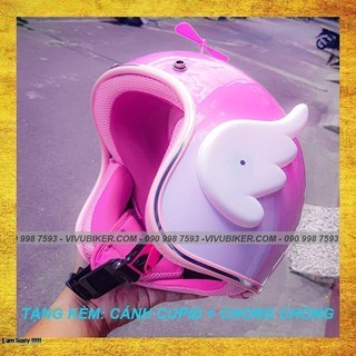 Mũ bảo hiểm 3/4 đi phượt hồng pha trắng kèm cánh Cupid và chong chóng gắn nón - Nón bảo hiểm gắn cánh thiên thần cute