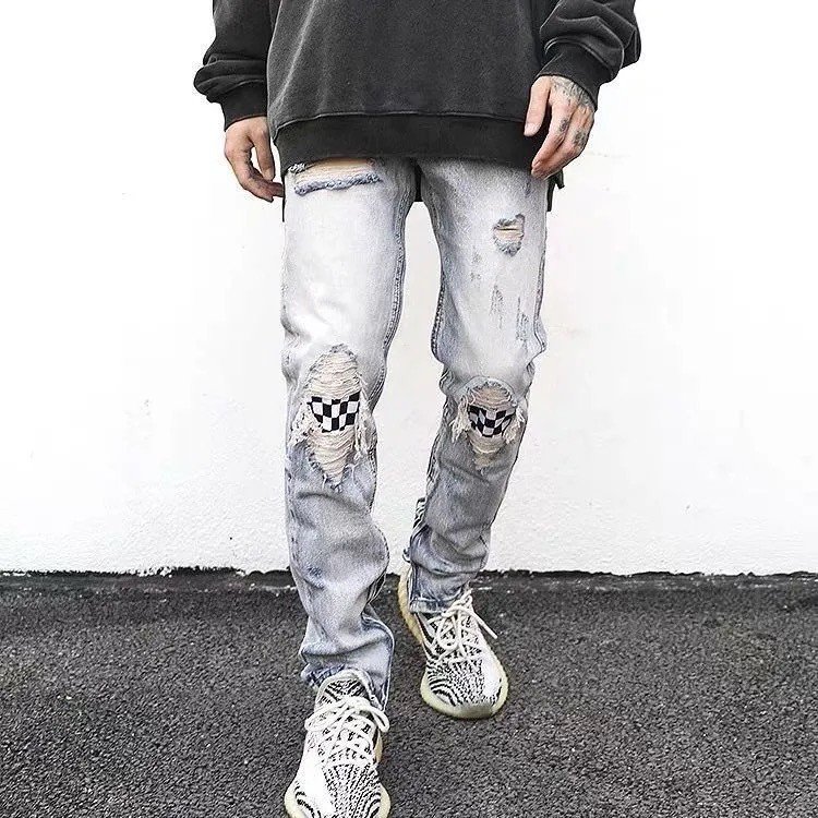 [Sẵn size XL] Quần Jean rách gối họa tiết caro zip ống quần | BigBuy360 - bigbuy360.vn