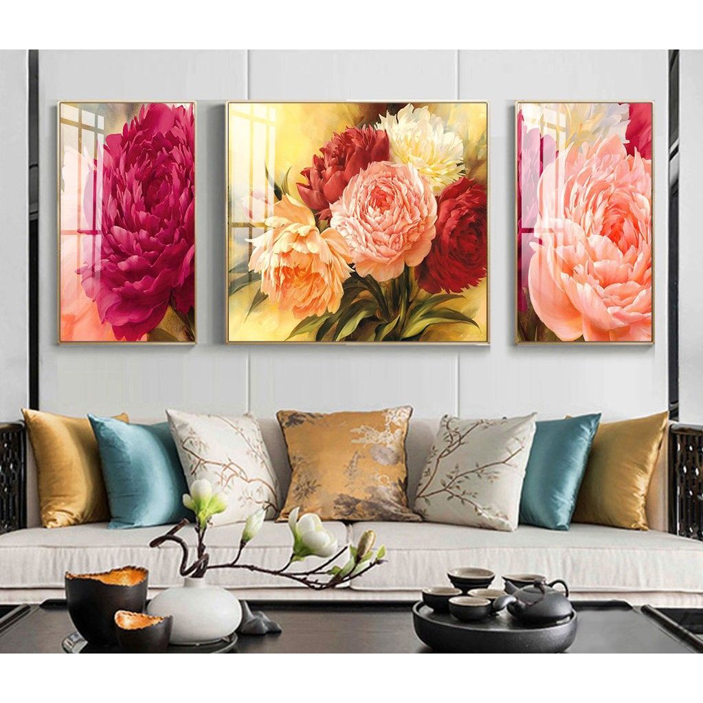 Bộ 3 Tranh Treo Tường Canvas CAO CẤP Hoa Mẫu Đơn Mang Ý Nghĩa May Mắn Tài Lộc Phong Thuỷ - MELYHOME DECOR