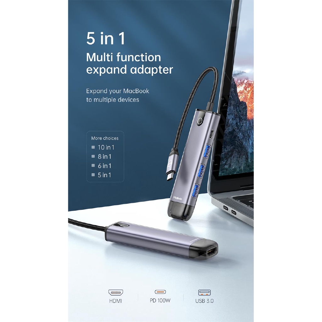 Bộ chia chuyển đổi Mcdodo HU-7750 5 Trong 1 Từ USB-C Sang USB 3.0x3 + HDMI + PD