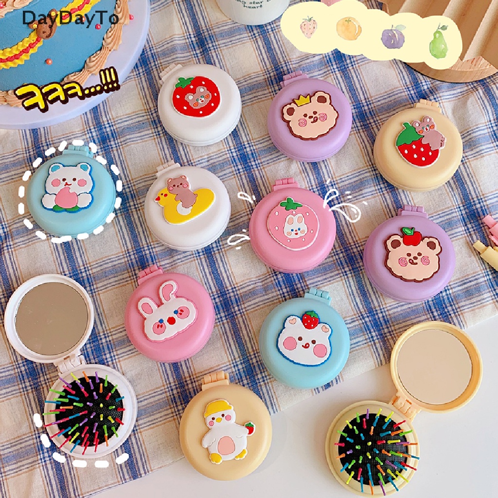 Lược Gấp Tích Hợp Gương Mát Xa Da Đầu Thiết Kế Nhỏ Gọn Dễ Thương