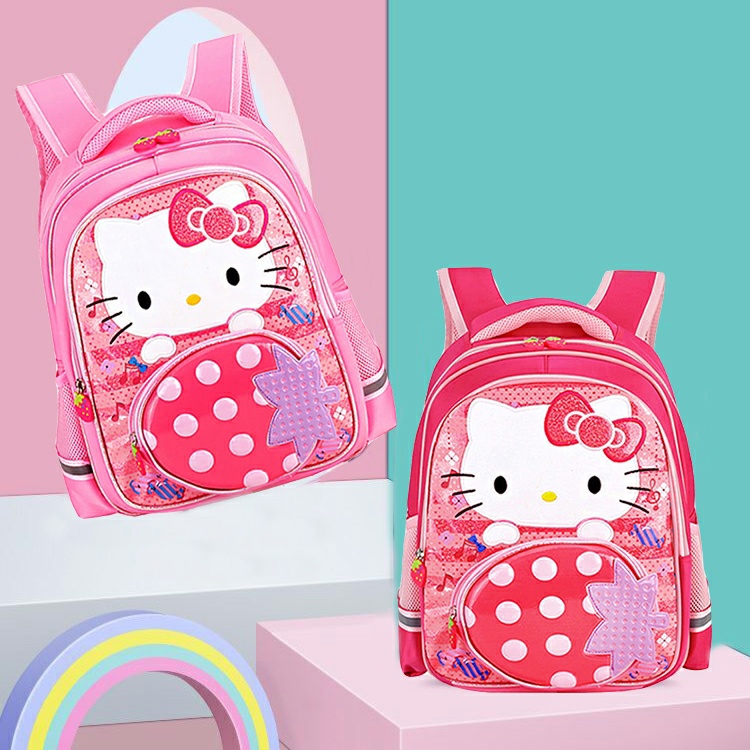 Balo Học Sinh Cấp 1 Từ 5-9 Tuổi, Hình Hello Kitty Strawberry In 3D, Thoáng Khí, Nhẹ Nhàng, Chống Gù, Chống Thấm Nước