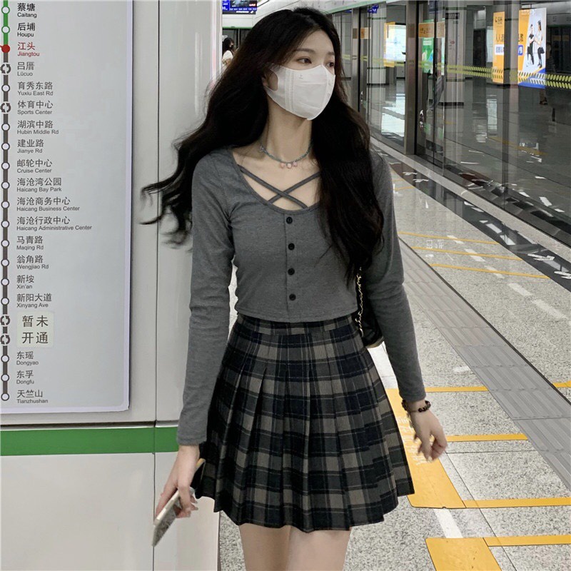 [Ảnh thật] Áo croptop len tăm body chéo dây dài tay -Áo croptop kiểu thun tăm dáng ôm ulzzang
