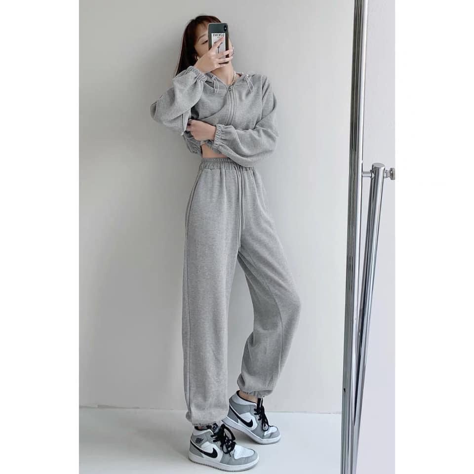 Quần jogger nữ bo gấu trơn vải thun da cá, quần bom ống rộng nữ nỉ thun dáng jogger mặc thu đông THANH LÝ