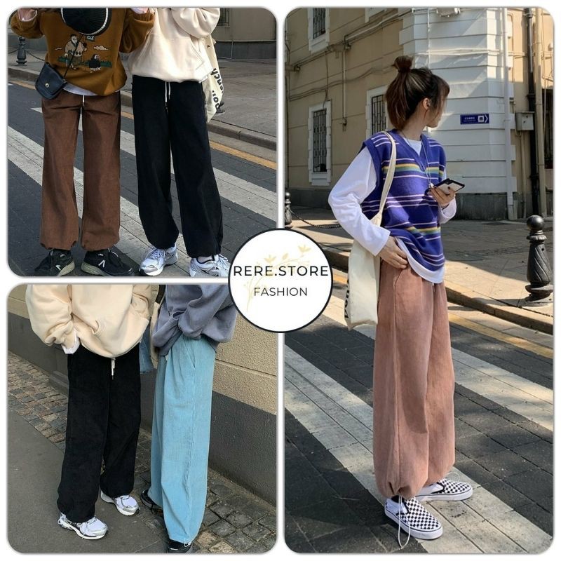 Quần Nhung Tăm Nữ Dây Rút - Rere.Store [FREESHIP] - Jogger dài form rộng dáng suông cạp chun Ulzzang