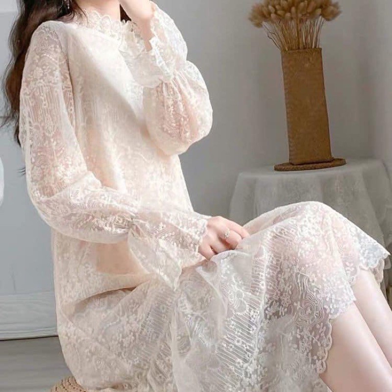 Váy ren trắng tiểu thư hàng quảng châu