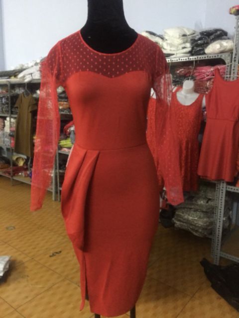 Đầm body tay dài nhúng eo