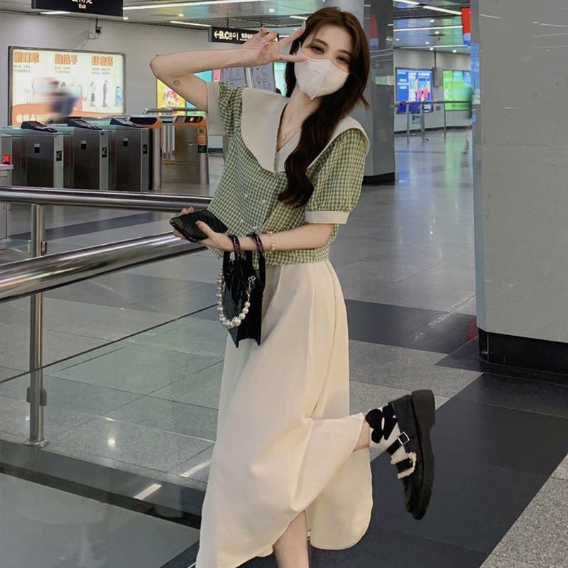 Set Áo Sơ Mi Cổ Búp Bê Kèm Chân Váy Caro Thời Trang Nữ  tao bao