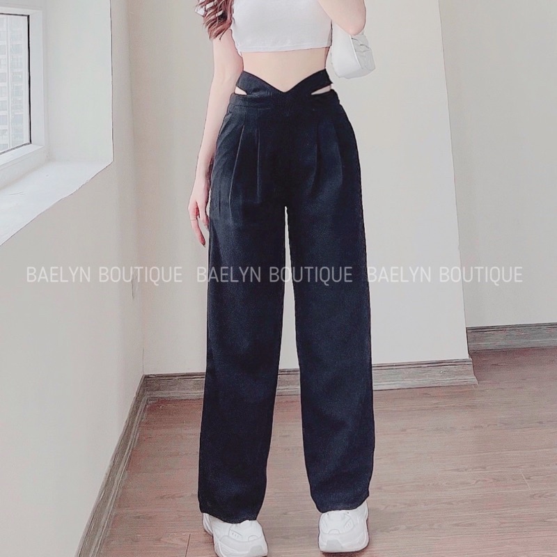 Quần suông ống rộng khuyết eo tôn dáng màu xanh và đen dành cho nữ - Hàng chuẩn QCCC | BigBuy360 - bigbuy360.vn