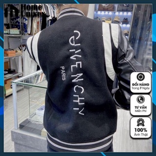 =..Áo Bomber Givenchy nam nữ, áo khoác Bomber GVC tay da viền trắng thêu chữ dọc lưng =..
