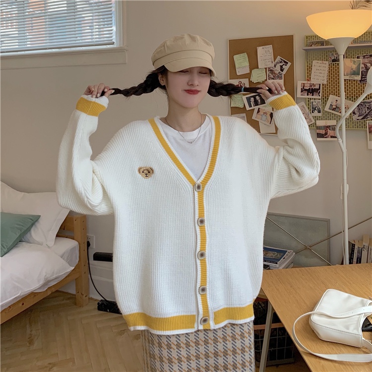 Áo khoác cardigan cổ chữ V dáng rộng thêu họa tiết gấu phong cách mùa thu 2021 cho nữ